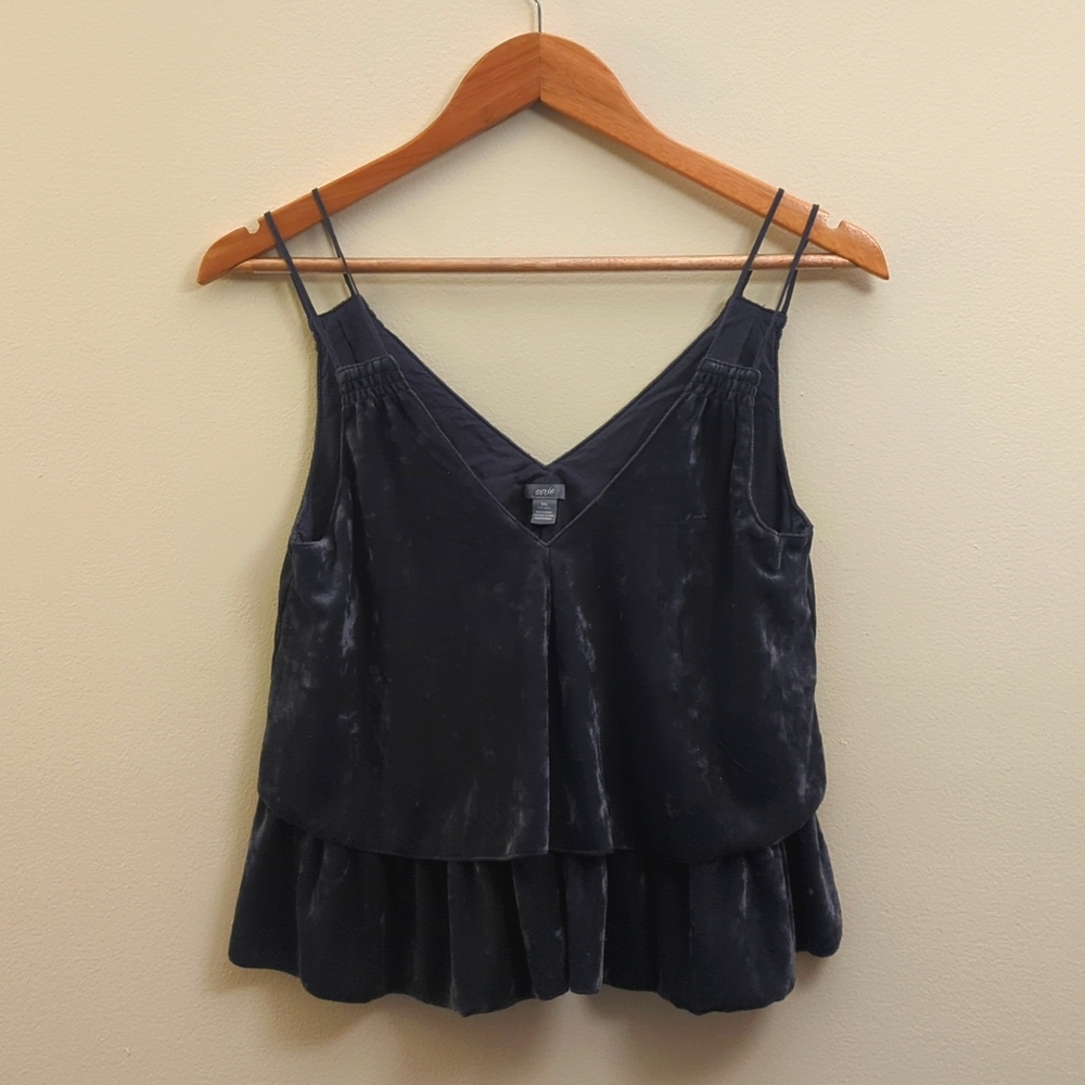 Aerie Navy Velvet Cropped Ruffle Tank